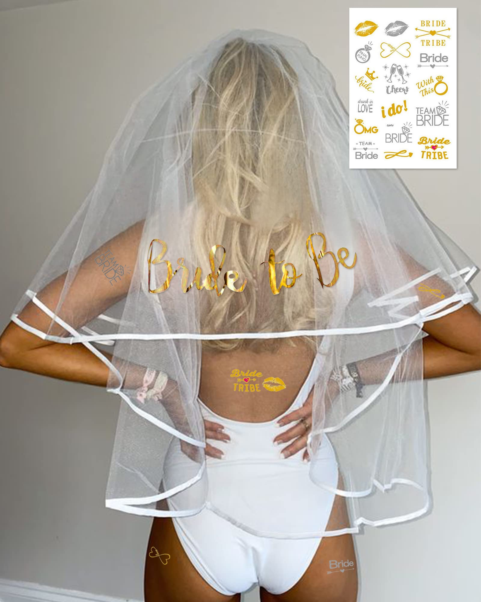 Bachelorette Party Decorations, Bridal Shower Decorations for Engagement Wedding Parties, 52pcs Bride To Be Party Supplies Kit with Sash, Veils, Banner, Cake Toppers, Temporary Tattoos & Gold Balloons