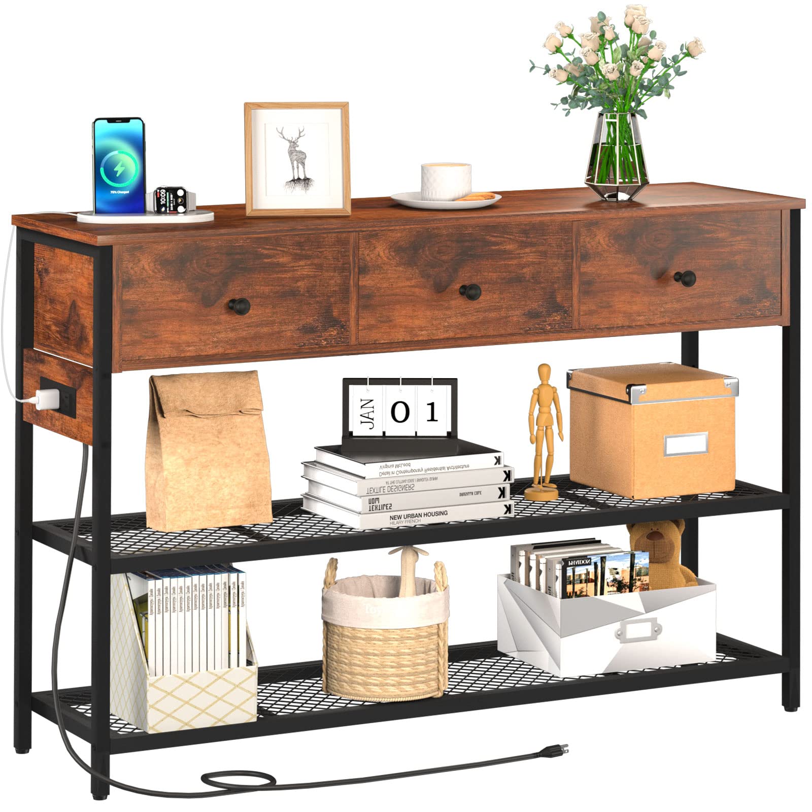 Yoobure Console Table with 3 Drawers, 47" Entryway Table with Storage Shelves, Narrow Long Sofa Table with Outlets & USB Ports, 3-Tier Entry Table, Couch Table for Living Room, Hallway, Foyer, Hall