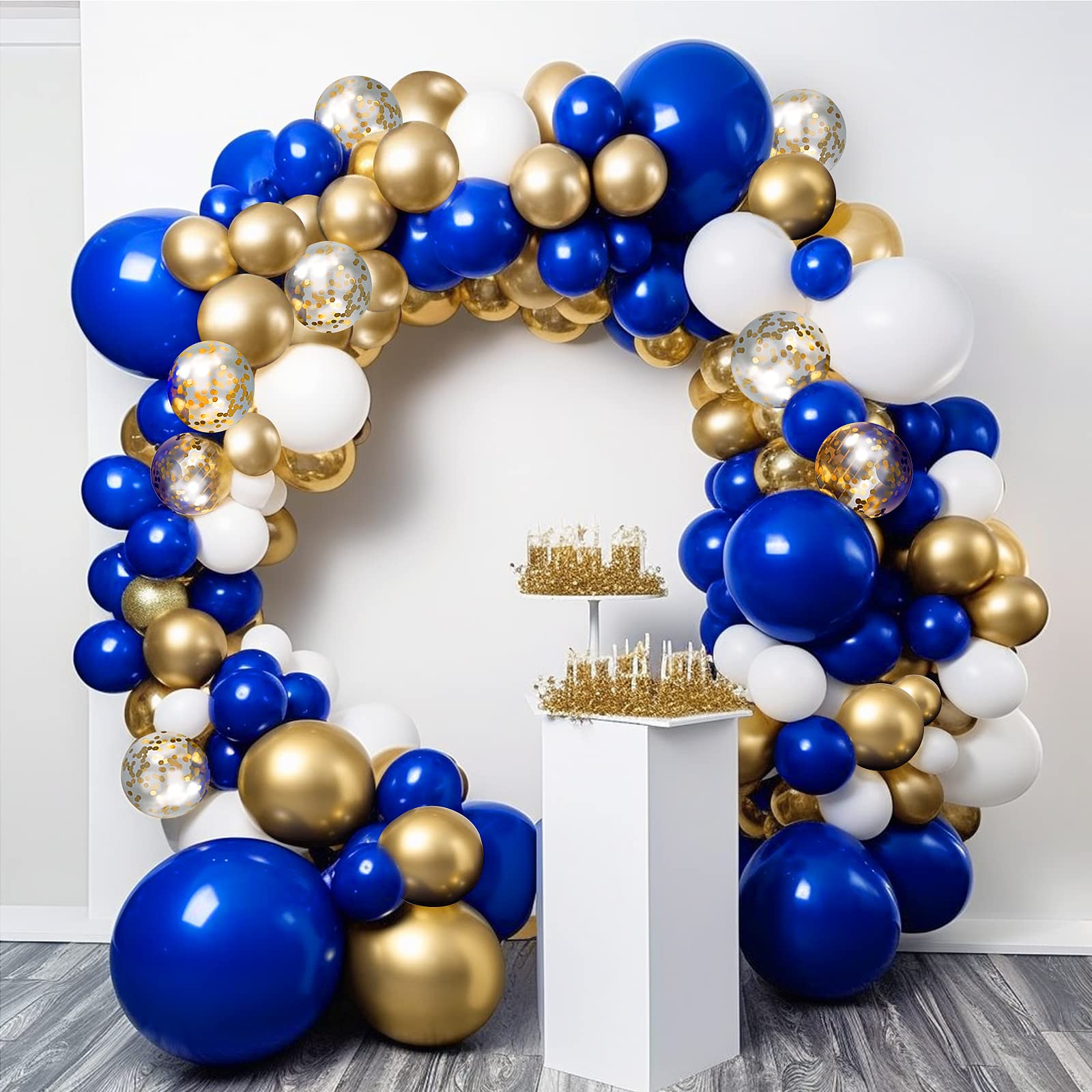 Royal Blue and Gold Balloons Arch Garland Kit, 18 12 10 5 inch Navy Blue Metallic Gold White for Graduation Decorations Class of 2024 Birthday Wedding Party Decorations