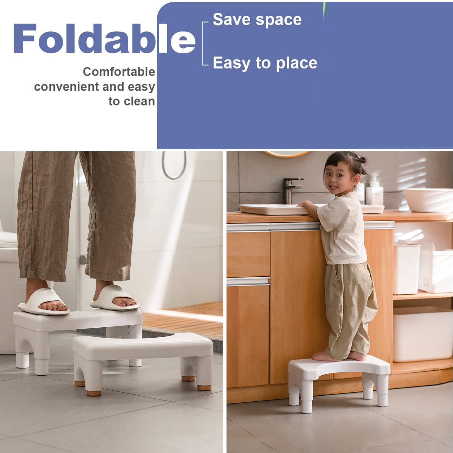 Toilet Stool for Adults and Kids,Squatting Potty Poop Stool with Anti Slip Layer,Poop Stool for Bathroom,5.9" to 8.5" Adjustable Height (White)