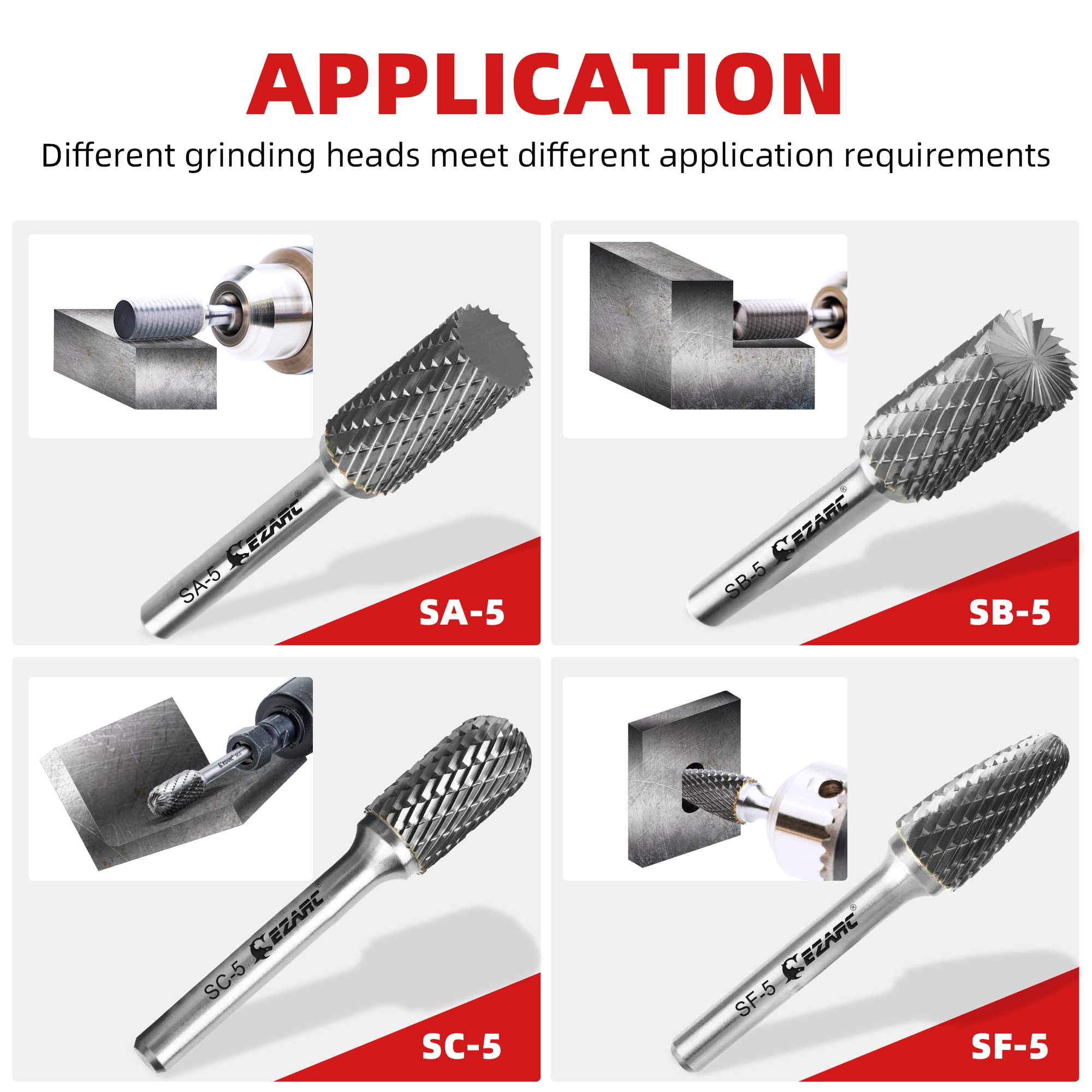 EZARC Tungsten Carbide Rotary Burr Bit, SB-5 Double Cut Carbide Burr 1/4" Shank Die Grinder Cutting Burrs Bit for Metal Working & Sturdy Storage Case