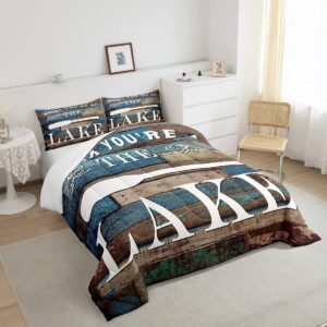 Rustic Farmhouse Comforter Set Lake House Bedding Set Queen Size Kids Boys Women Men Cabin Room Decor Retro Blue and Brown Patchwork Wooden Print Quilted Duvet Lake Life Duvet Insert,2 Pillowcases