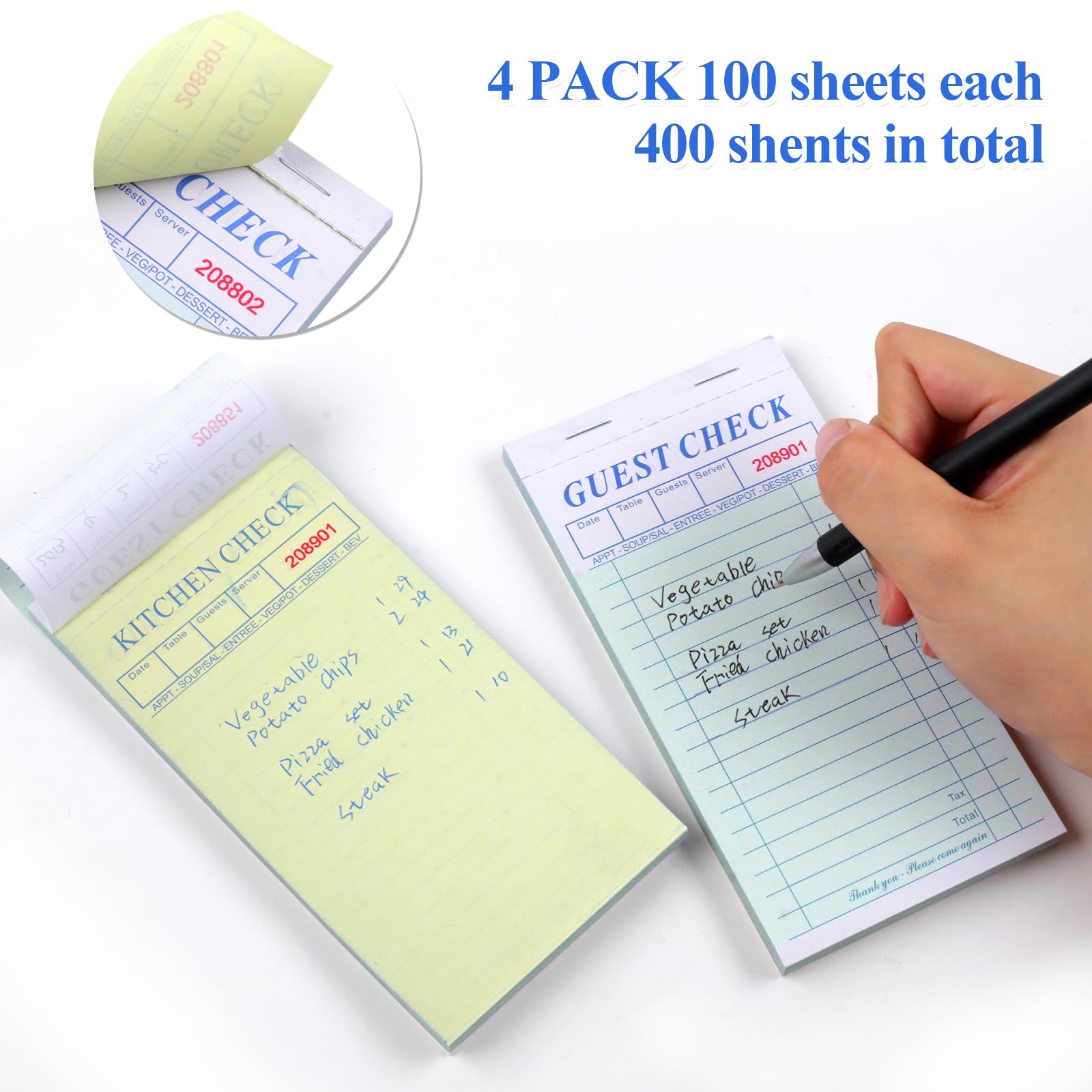 4 Pack Server Note Pads, Double Part Guest Check Books for Servers, Waitress Notepad for Restaurants Food Order, 100 Sheets/Pad, Carbon Copy for Guest Checks