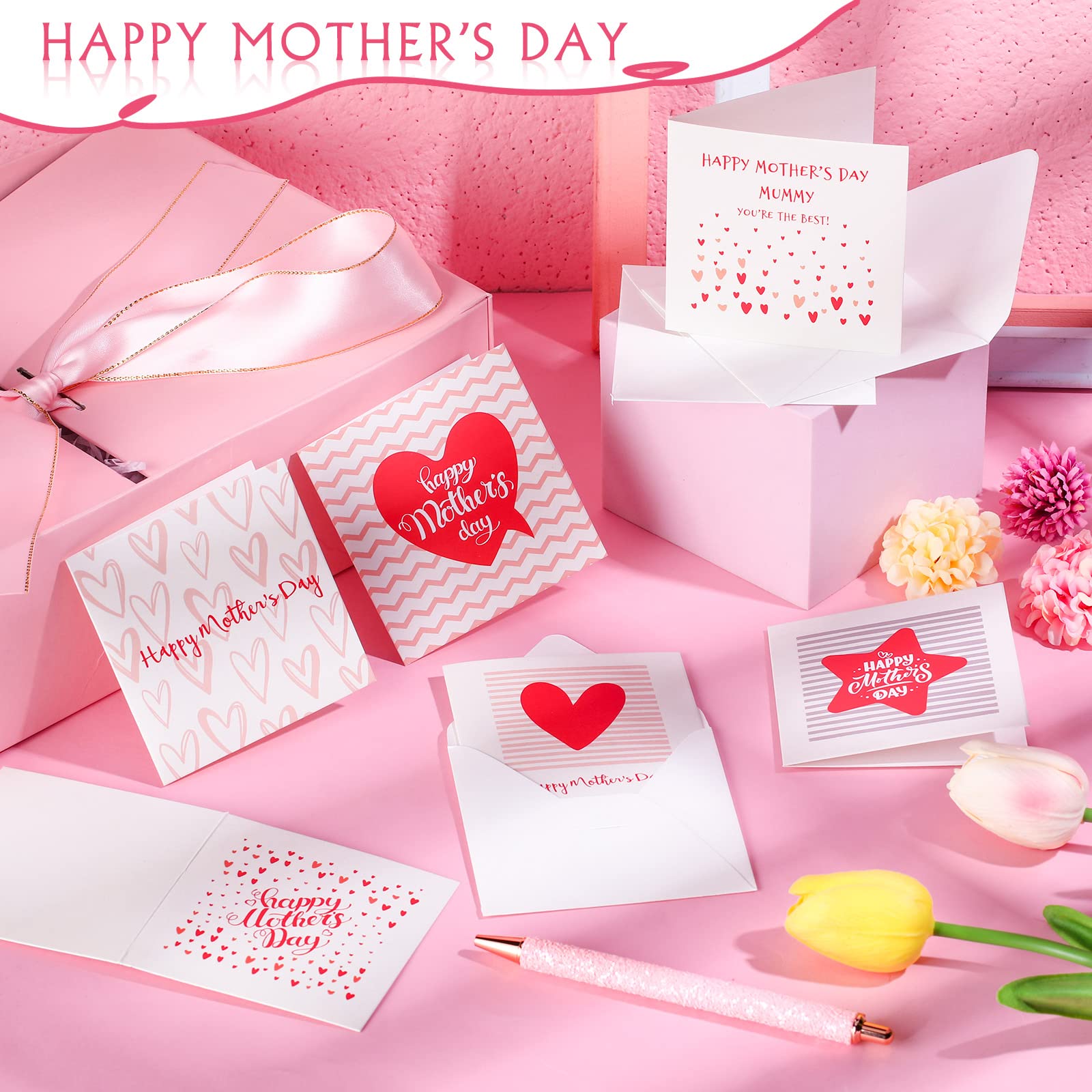 Faccito 24 Sets Mother's Day Card with Envelopes 3.35 x 3.35 Inch 6 Assorted Happy Mother's Day Loving Small Note Card Mother Birthday Card Mother Greeting Cards for Mother's Day Birthday Gifts