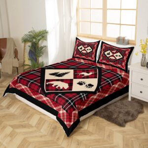 Erosebridal Lodge Duvet Cover Queen Diamond Bear Deer Lodge Bedding Set for Adult Rustic Cabin Country Plaid Check Comforter Cover Camping Bed Cover with 2 Pillow Shams Zipper&Ties,Burgundy/Black