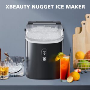 Nugget Ice Makers Countertop, Crushed Ice Maker with 35Lbs/24H,Soft Chewable Ice, Pebble Ice Maker with Self-Cleaning, Ice Scoop and Ice Basket,for Home,Office,Kitchen,Stainless Steel (Black)