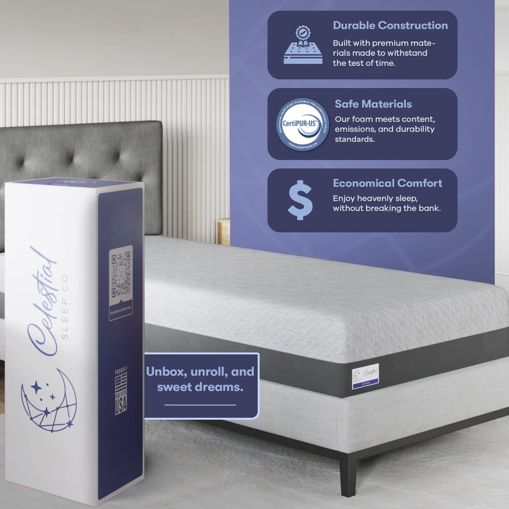 Celestial Sleep Gel Memory Foam Mattress in a Box, Made in The USA, CertiPUR-US Bed, 8 inch Firm - Queen