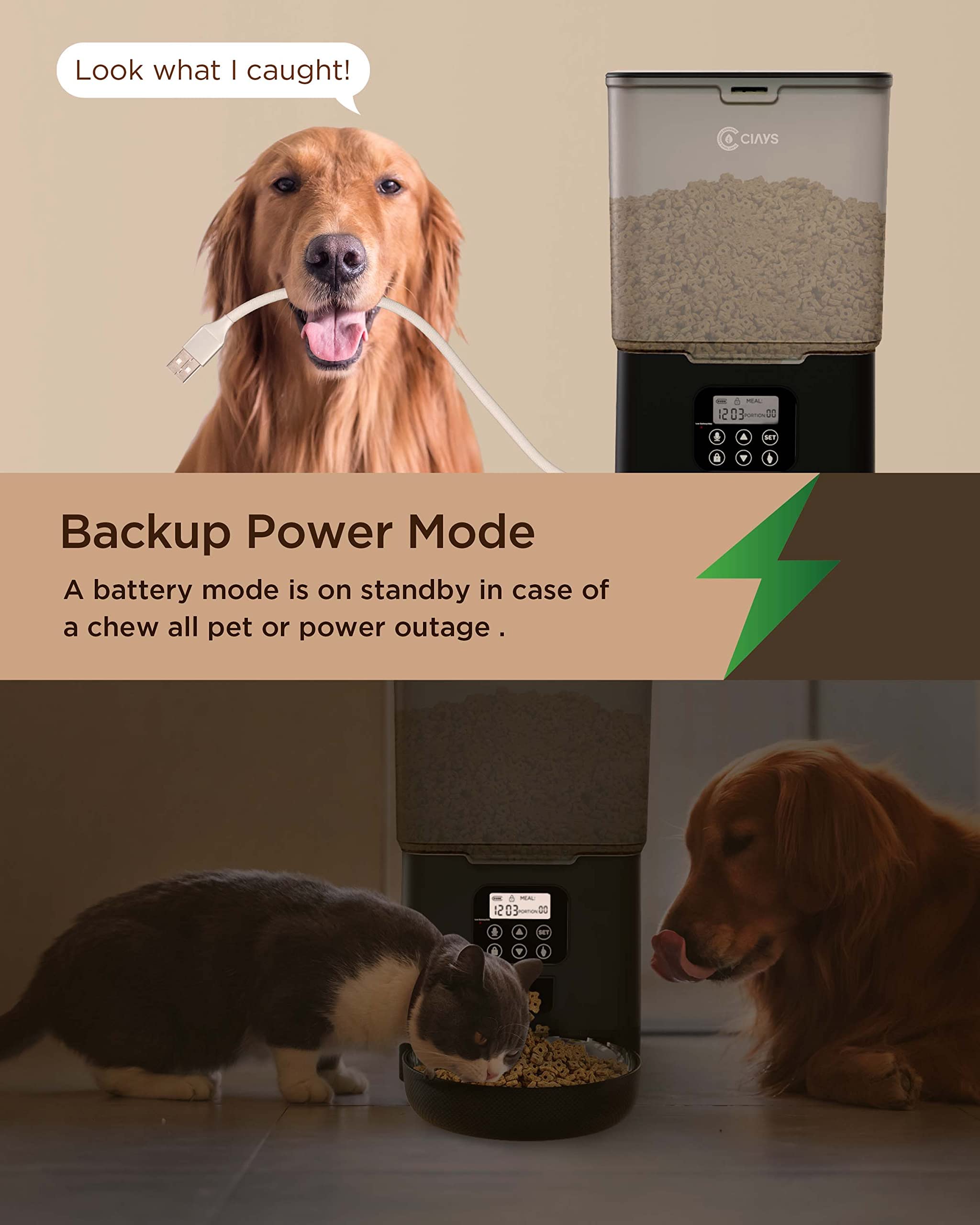 Ciays Automatic Cat Feeder, 5.6L, 4 Meals Per Day, Pet Dry Food Dispenser, Dual Power Supply & Voice Recorder, Black