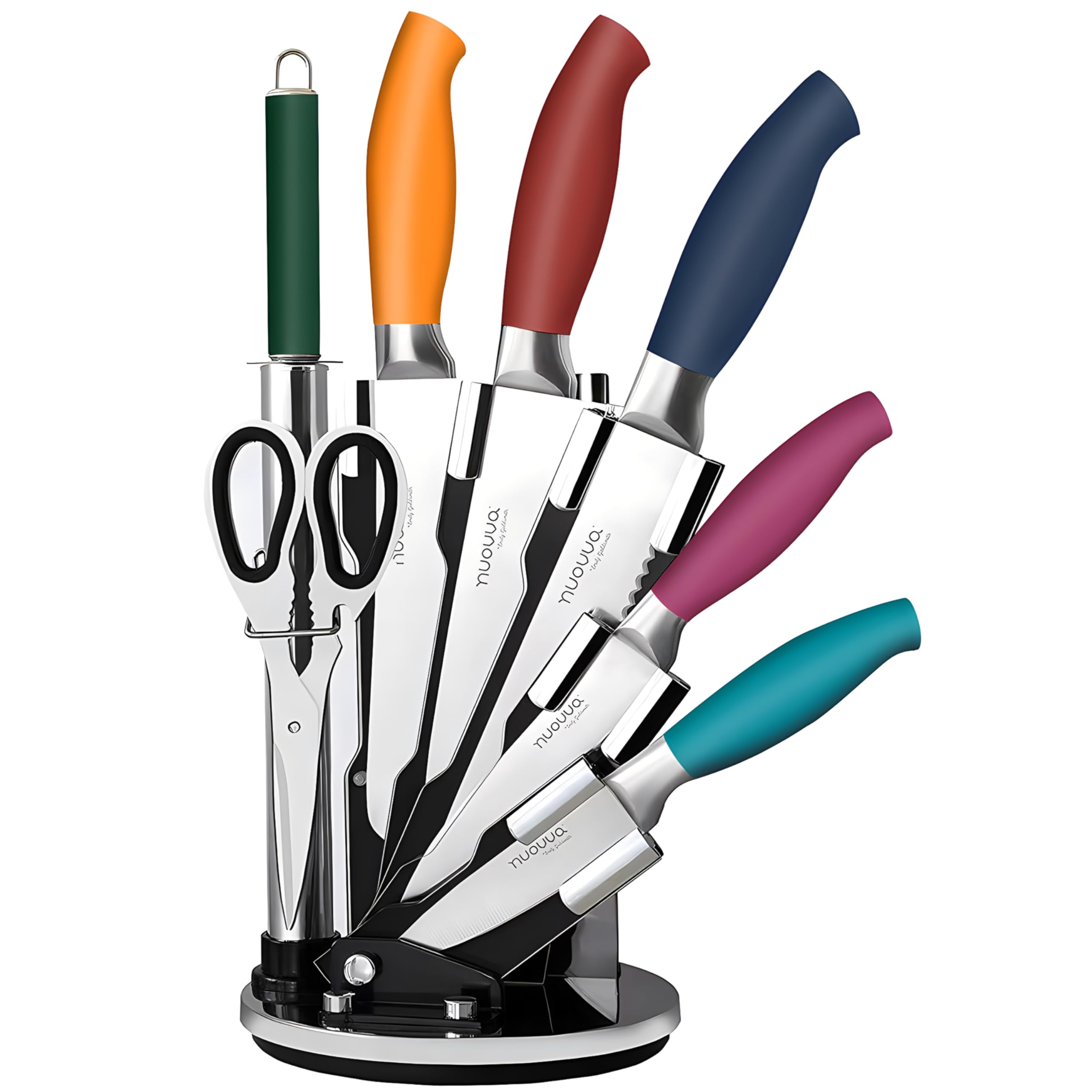 Professional Kitchen Knife Set – 7pcs Multi Colour Kitchen Knives – 360 Degree Rotating Knife Block Sharp Stainless Steel Blades – by Nuovva