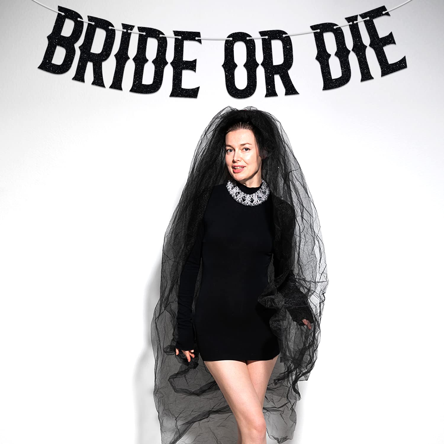 Bride or Die Banner, Spooky Bride, Halloween Bachelorette Wedding Bridal Shower Party Decorations Supplies, Black Glitter