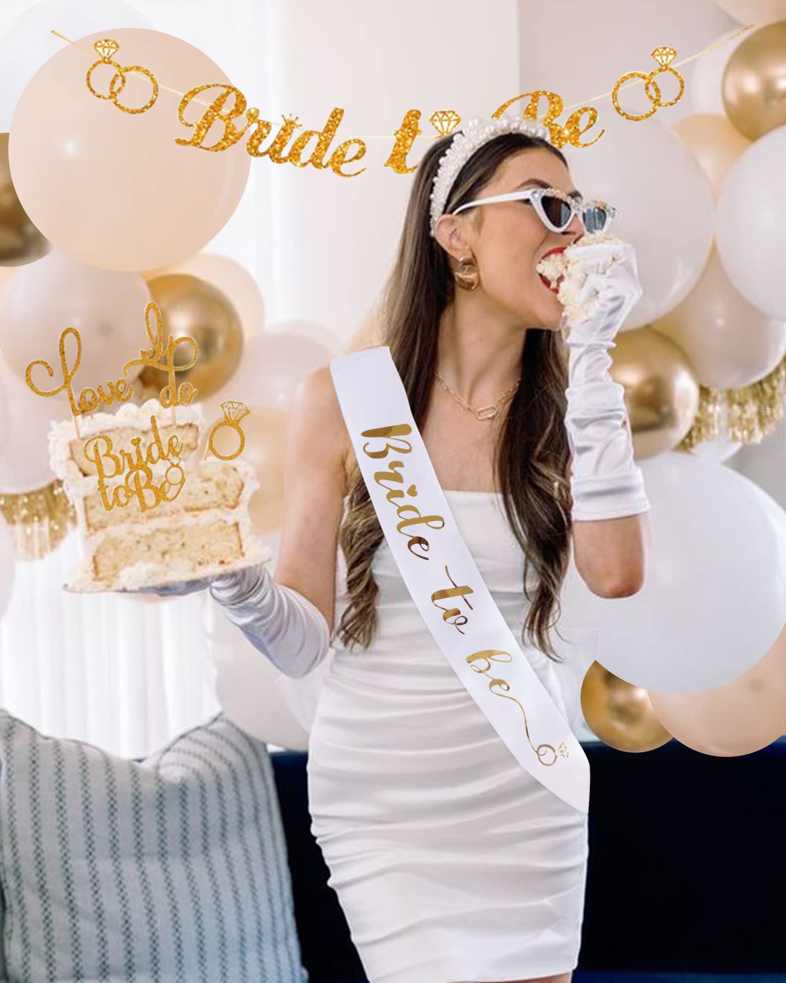 Bachelorette Party Decorations, Bridal Shower Decorations for Engagement Wedding Parties, 52pcs Bride To Be Party Supplies Kit with Sash, Veils, Banner, Cake Toppers, Temporary Tattoos & Gold Balloons