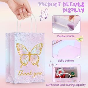 24 Pcs Butterfly Party Favors Gift Bags Goodie Treat Candy Bags Thank You for Fluttering by Paper Bags with Handles for Girls Butterfly Birthday Party Supplies Baby Shower (Glitter Style)