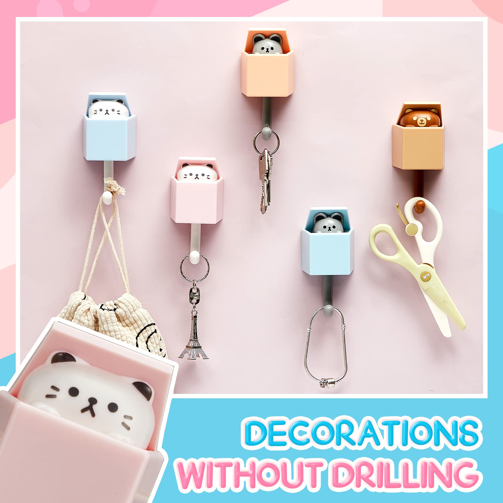 Weysat Creative Cat Key Hook (5Pcs), Cute Pet Adhesive Wall Hooks for Hat, Scarf, Towel, Bag, Waterproof ABS Material, Without Drilling, Kawaii Decorations for Home