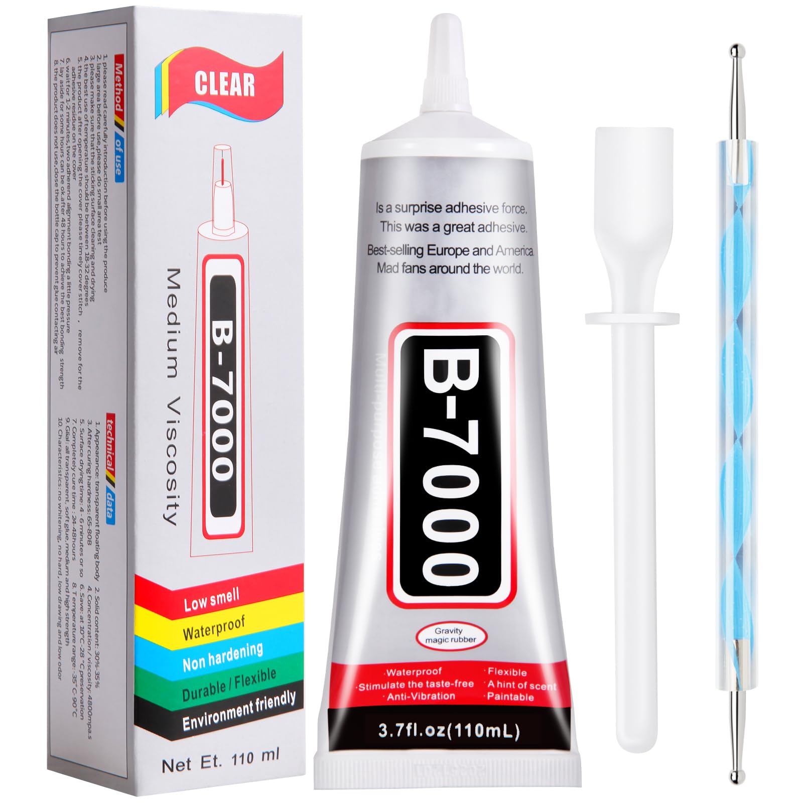 110 ml B7000 Adhesive Rhinestones Glue for Crafts, B7000 Glue Clear Glue with Glue Spreaders and Dotting Pen Tool, Multipurpose Jewlery Glue for Fabric DIY Craft Makeup Shoes Jewelry Making Nail Art