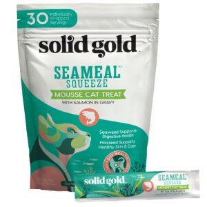 solid gold lickable cat treats - salmon seameal squeeze squeezable cat treats for indoor cats 30 pack - made with fiber-rich seaweed for digestive health for immune support - 3 oz / 30 count