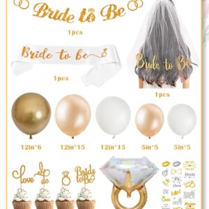 Bachelorette Party Decorations, Bridal Shower Decorations for Engagement Wedding Parties, 52pcs Bride To Be Party Supplies Kit with Sash, Veils, Banner, Cake Toppers, Temporary Tattoos & Gold Balloons