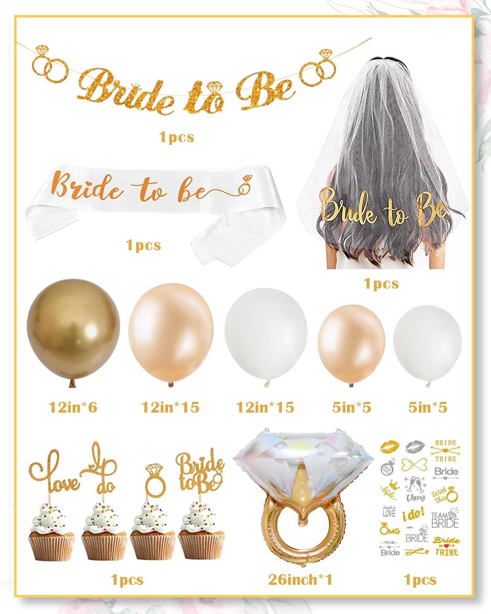 Bachelorette Party Decorations, Bridal Shower Decorations for Engagement Wedding Parties, 52pcs Bride To Be Party Supplies Kit with Sash, Veils, Banner, Cake Toppers, Temporary Tattoos & Gold Balloons