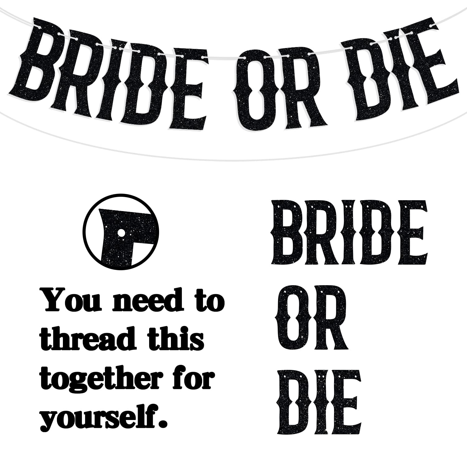 Bride or Die Banner, Spooky Bride, Halloween Bachelorette Wedding Bridal Shower Party Decorations Supplies, Black Glitter