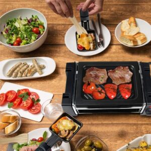 Raclette Grill, Korean BBQ Grill Electric Grill Indoor, 2 in 1 Electric Griddle Nonstick with 2 Raclette Cheese Pans, Smokeless Indoor Grill Temperature Control Ideal for Family and Party Fun