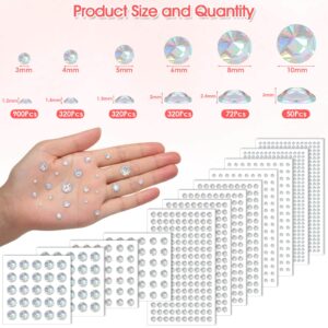 1982 Pieces Crystal AB Hair Rhinestones Stickers, Self Adhesive Face Rhinestones Stick on Bling Gems Jewels Stickers for Hair Face Body Makeup Clothes Shoes Bags DIY Craft, 6 Sizes