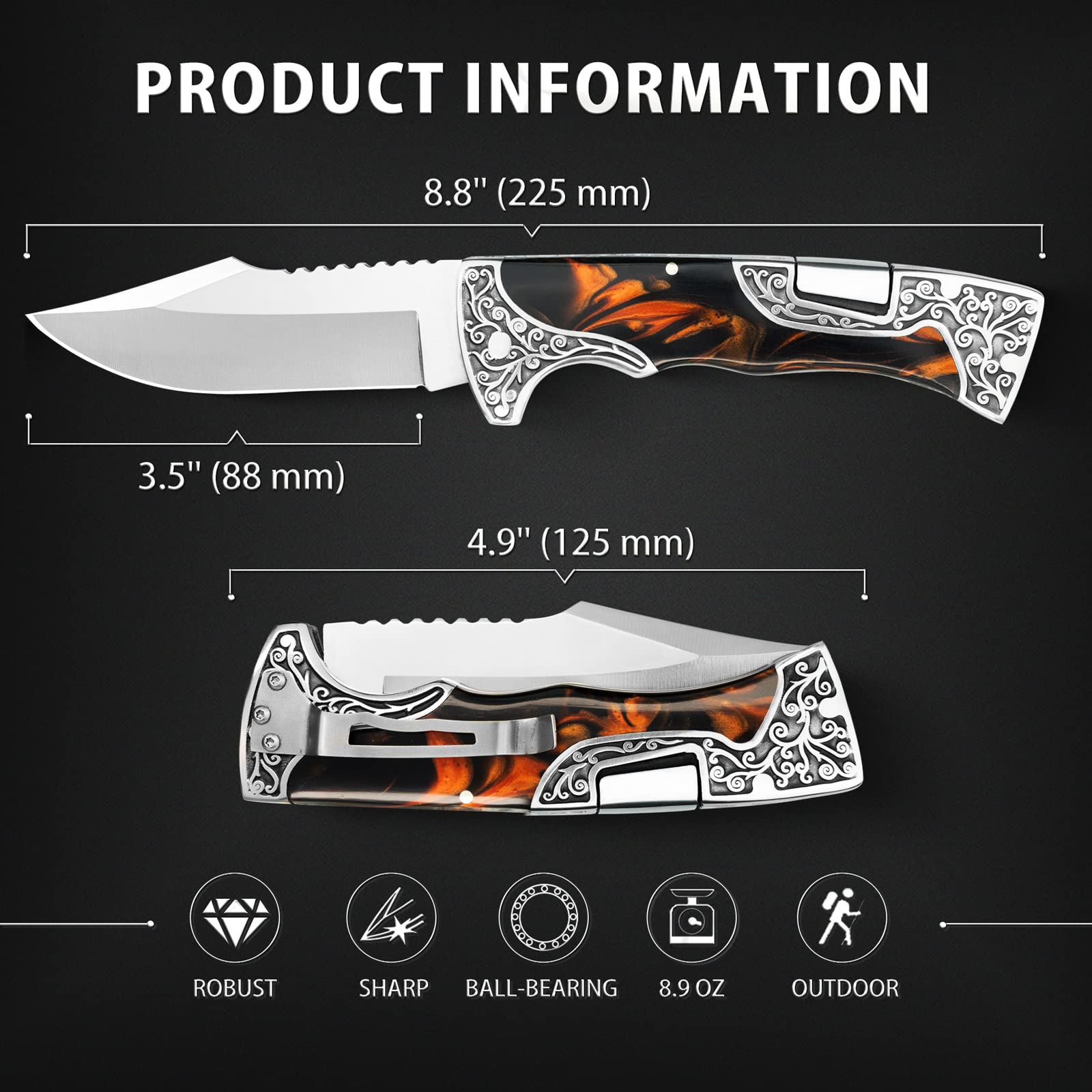 VALHALLA Pocket Folding Knife, Sharp Blade Pocket Knife with Back Lock, Cool EDC Pocket Knife For Men Collector Outdoor Camping Hiking