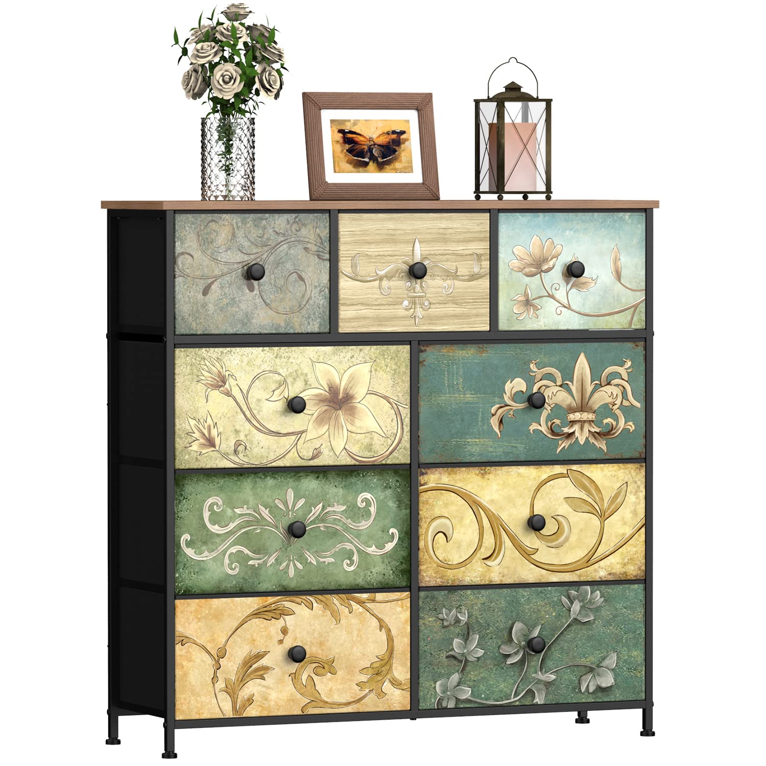 Tohomeor Dresser with Drawers for Bedroom Chest of Drawers Fabric Dresser for Closet,Nursery Entryway Hall Tree TV Stand for Living Room Retro Floral Pattern Drawers Wooden Top (9 Drawers)