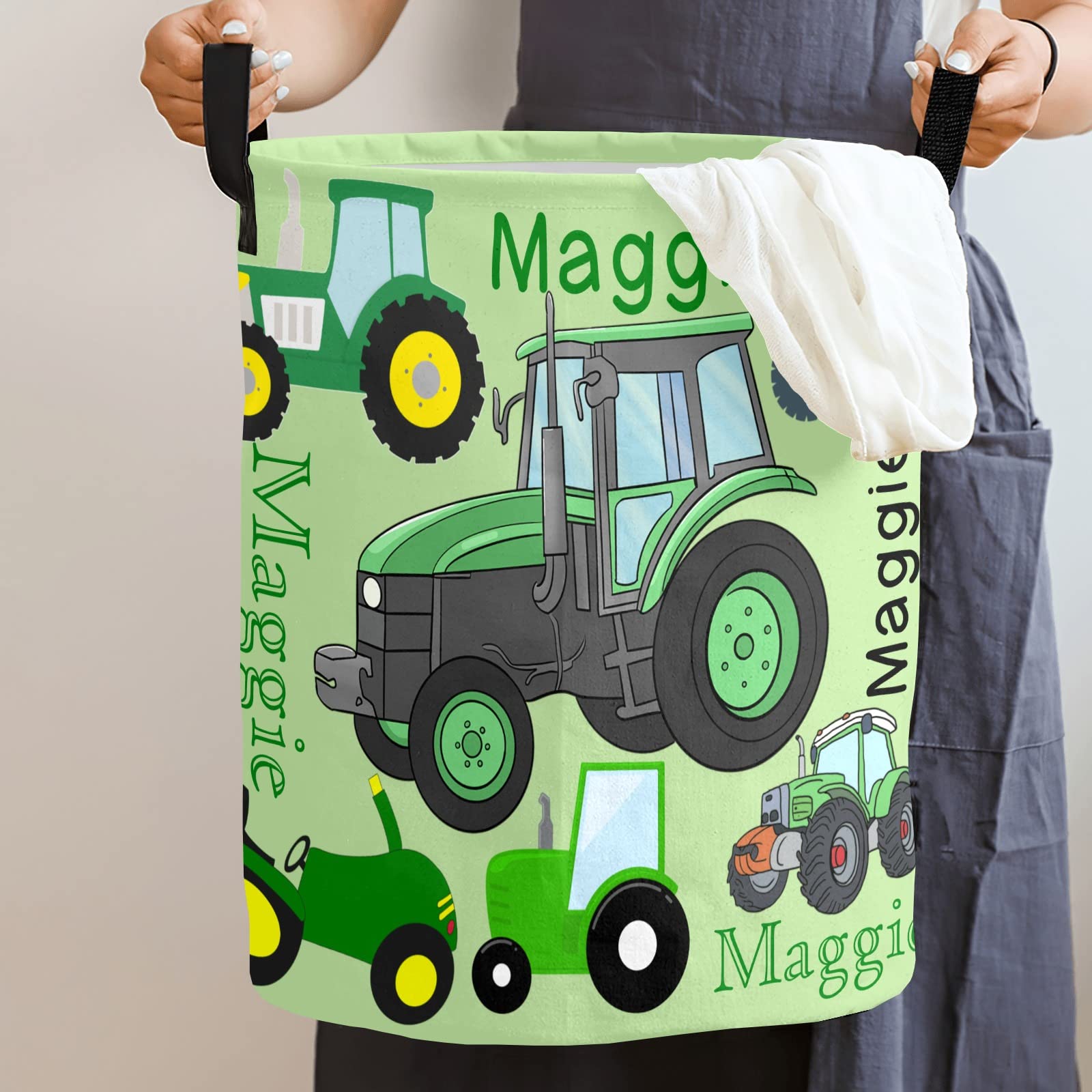 Personalized Green Tractors Trucks Laundry Basket with Name Waterproof Foldable Storage Bin for Bathroom Home Office Cloth