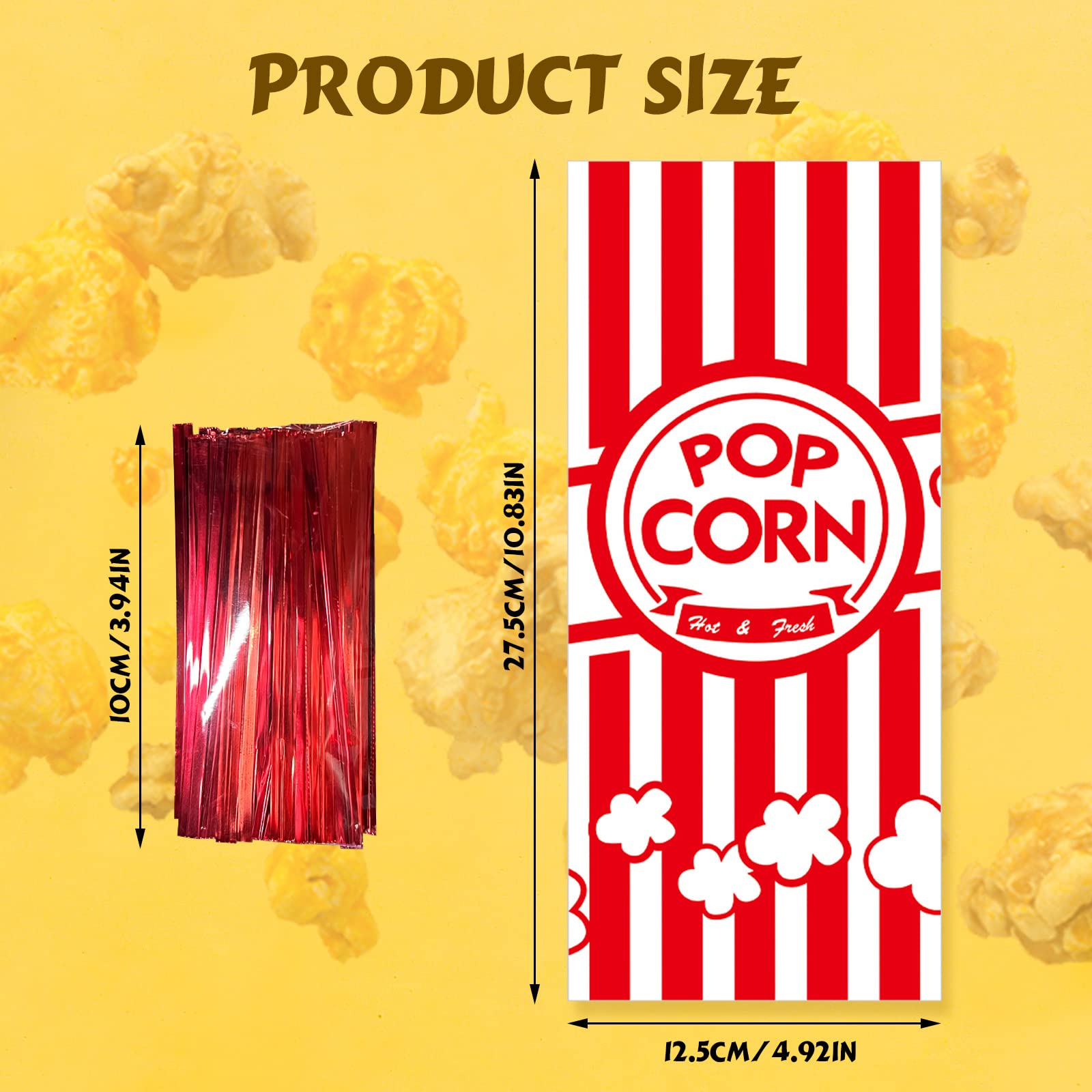 Rainmae 150 Pcs Popcorn Bags for Party, Carnival Party Treat Bags Set, 150 Pcs Cellophane Candy Bags Stripe Cookie Snack Bags with 150 Twist Ties for Christmas Circus Party Favor Supply Cupcake Bags