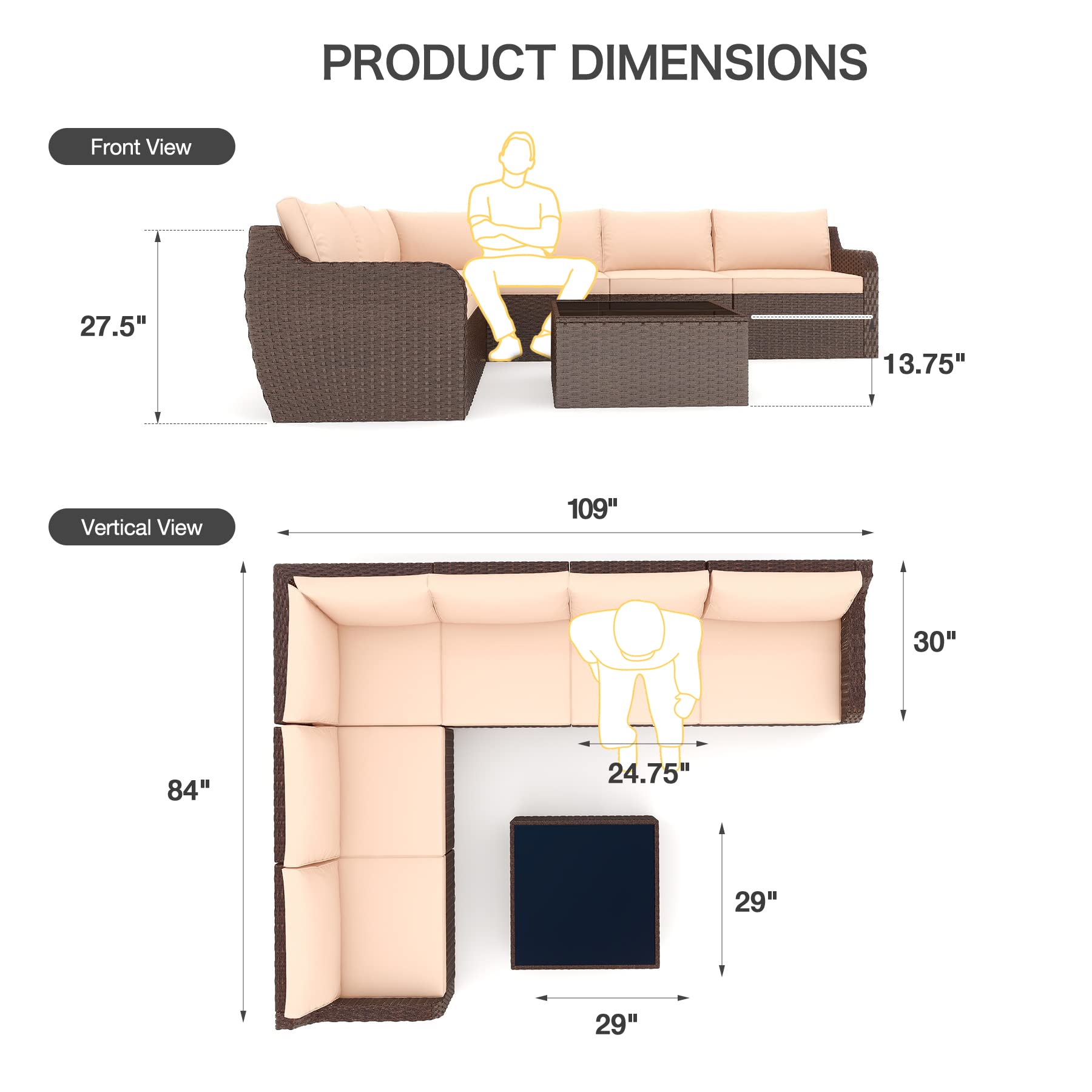 Vicluke 7 Pieces Patio Furniture Set, PE Rattan Sectional Sofa, High Back Outdoor Furniture Set, Wicker Patio Conversation Set with Cushion and Wood Table for Deck, Garden and Backyard (Blue)