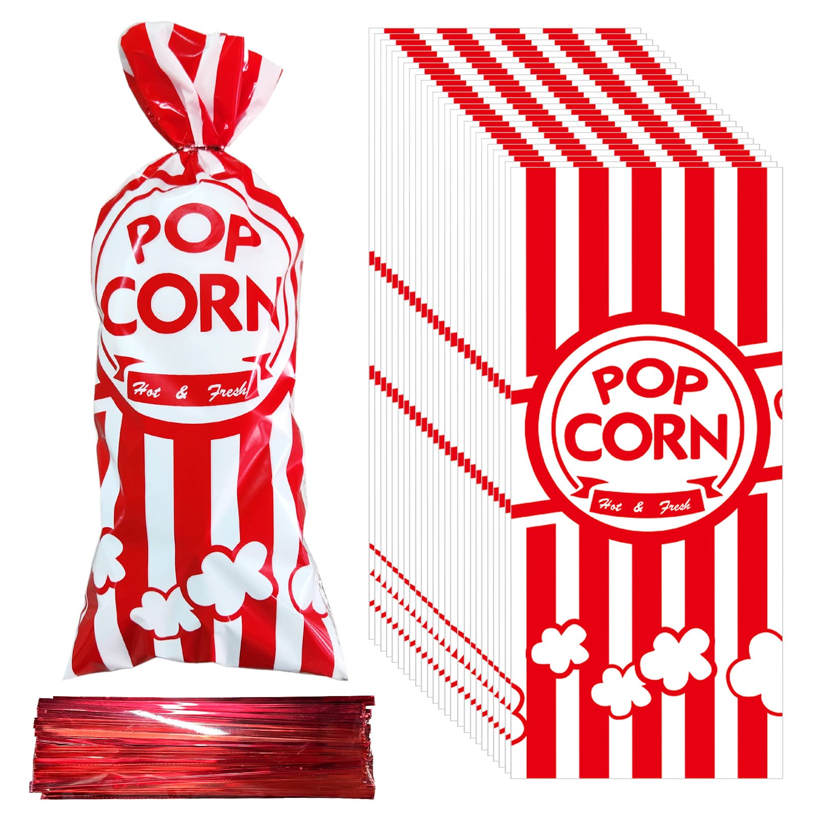 Rainmae 150 Pcs Popcorn Bags for Party, Carnival Party Treat Bags Set, 150 Pcs Cellophane Candy Bags Stripe Cookie Snack Bags with 150 Twist Ties for Christmas Circus Party Favor Supply Cupcake Bags