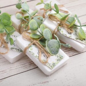 Demissle 60 Sets Mini Soap Favors Small Scented Soap Bars White Hand Soaps with Mini Faux Eucalyptus Greenery Gift Cards Organza Bags for Baby Shower Bridal Shower Gifts Wedding Birthday Party