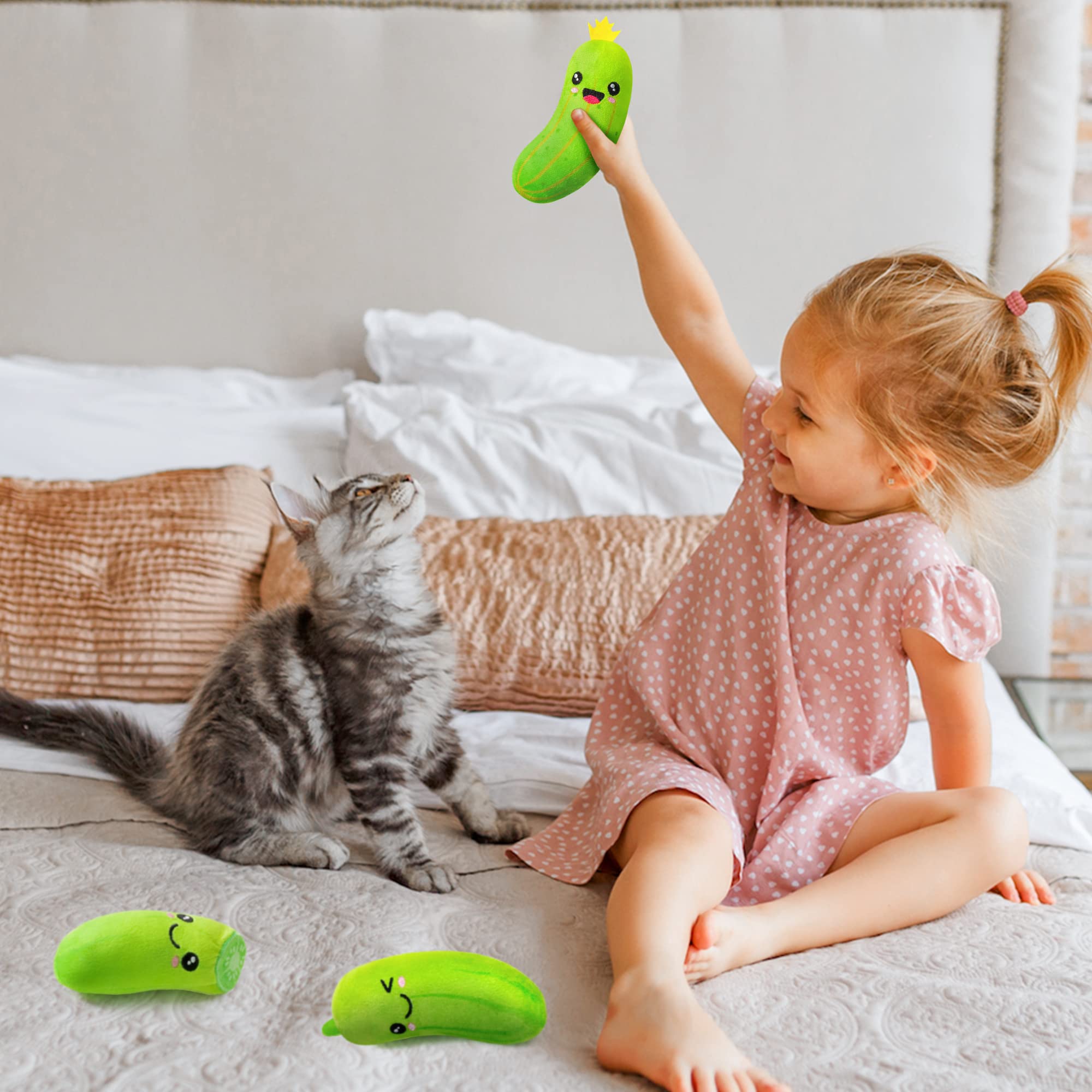 MALLMALL6 5Pcs Pickle Cat Toys, Kitten Catnip Toys for Cat Lover Gifts, Indoor Cat Chew Bite Kick Plush Cucumber Catmint Kitten Toys Supplies Interactive Cat Toy with Cute Expression for Pet Presents