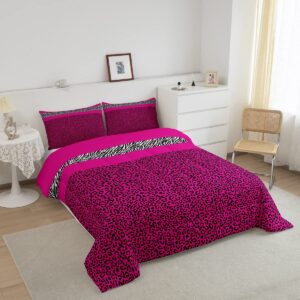 Manfei Pink Leopard Comforter Set Full Size, Black White Zebra Print Bedding Set 3pcs for Kids Boys Girls Room Decor, Wild Animal Print Quilt Set Cheetah Print Duvet Set with 2 Pillowcases