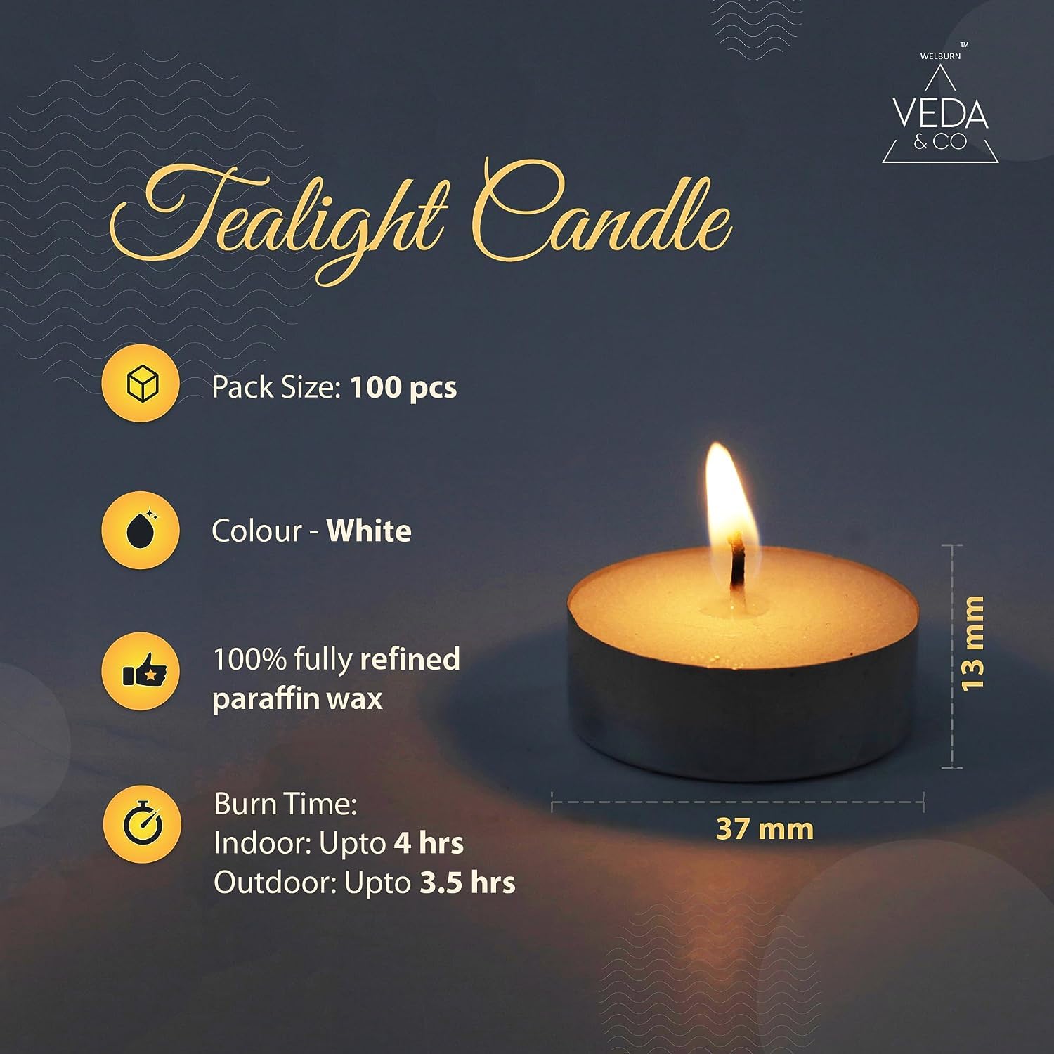 Welburn Veda&Co™ Tealight Candles - Pack of 100, 4 to 4.5 Hours Burn Time, Smokeless Unscented Tea Light 100% Fully Refined Paraffin Wax, Dripless, Christmas, Weddings Home Decor, Shabbat,