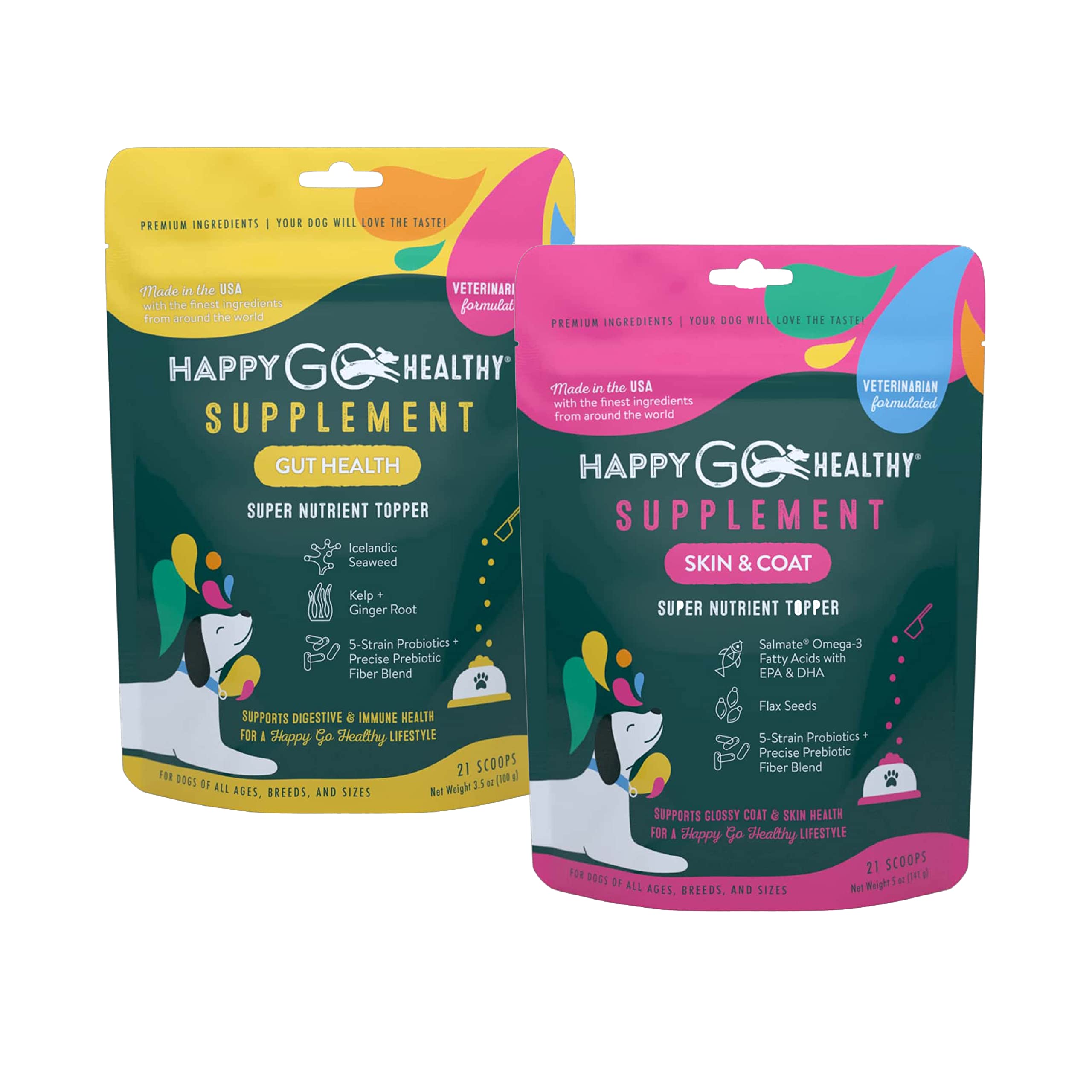 Happy Go Healthy Gut Health + Skin & Coat Bundle Supplements for Dogs - Probiotic & Prebiotic Benefits with Omega-3s | 2 x 21 Count Bags