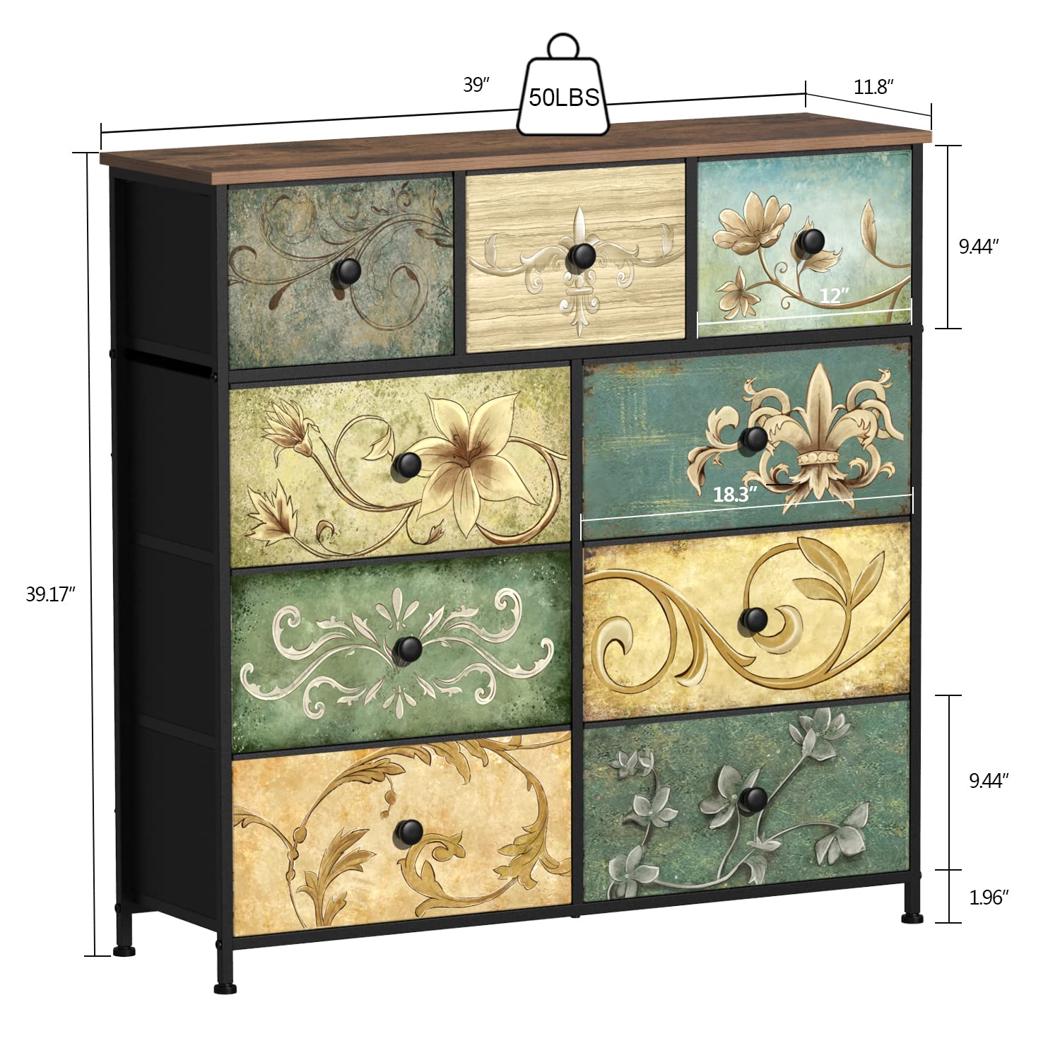 Tohomeor Dresser with Drawers for Bedroom Chest of Drawers Fabric Dresser for Closet,Nursery Entryway Hall Tree TV Stand for Living Room Retro Floral Pattern Drawers Wooden Top (9 Drawers)