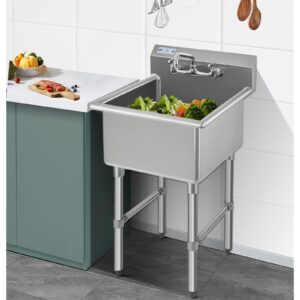 HALLY Commercial Stainless Steel Sink 1 Compartment NSF Prep & Utility Sink with 8" Faucet 18" L x 18" W x 12" D Bowl for Bar, Restaurant, Kitchen, Hotel and Home