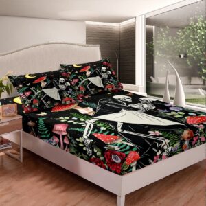 Manfei Mushroom Kids Sheet King Size,Sun Moon Starry Sky Romantic Bedding Set,Boys Girls Adults Room Decor,Butterfly Skeleton Flowers Boho Red Trippy Bed Sheet Set 4pcs(Fitted + Flat + 2 Pillowcases)