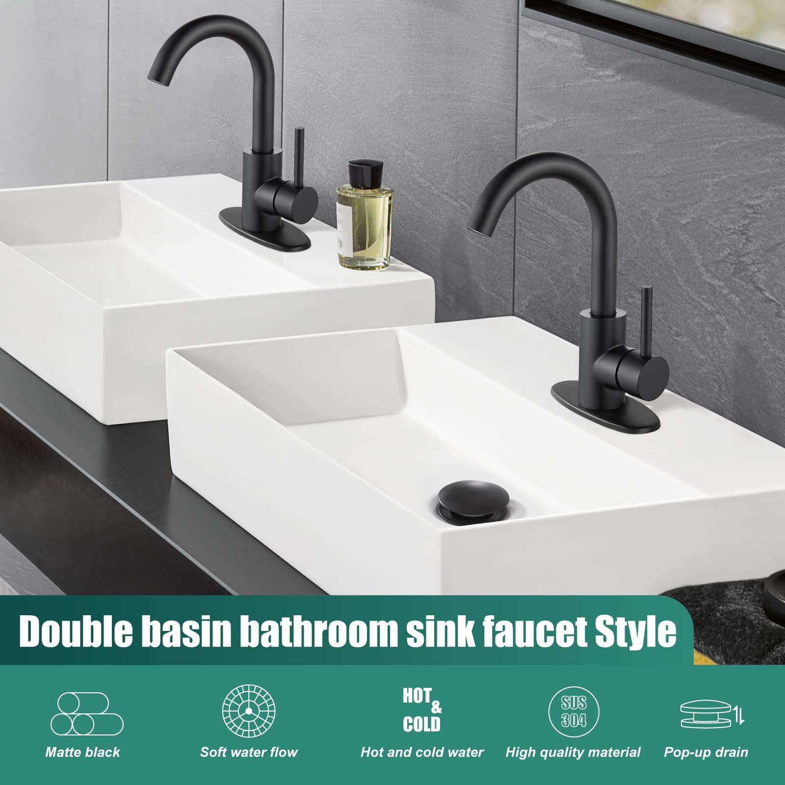 Heyalan RV Bathroom Sink Faucet,Bar Faucets Single Hole,RV Kitchen Restroom Campers Tap with Deck Plate & Drain Stainless Steel 360 Degree Rotation Spout,Matte Black,Circular Handle