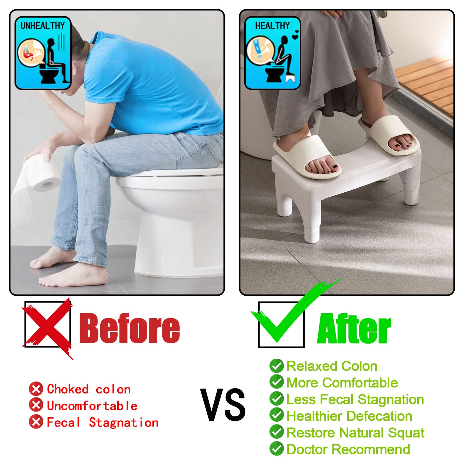 Toilet Stool for Adults and Kids,Squatting Potty Poop Stool with Anti Slip Layer,Poop Stool for Bathroom,5.9" to 8.5" Adjustable Height (White)