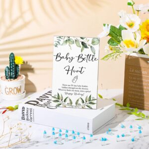 Chunful 51 Pcs Baby Shower Games Include Greenery Baby Bottle Hunt Sign Wooden Baby Gift Sets and 50 Pcs Resin Baby Bottle Shower Favor for Baby Shower Gender Reveal (Blue)