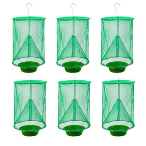 ranch fly trap outdoor hanging reusable with fishing apparatus | food bait tray catcher cage for indoor or outdoor family farms, park (6 pack)