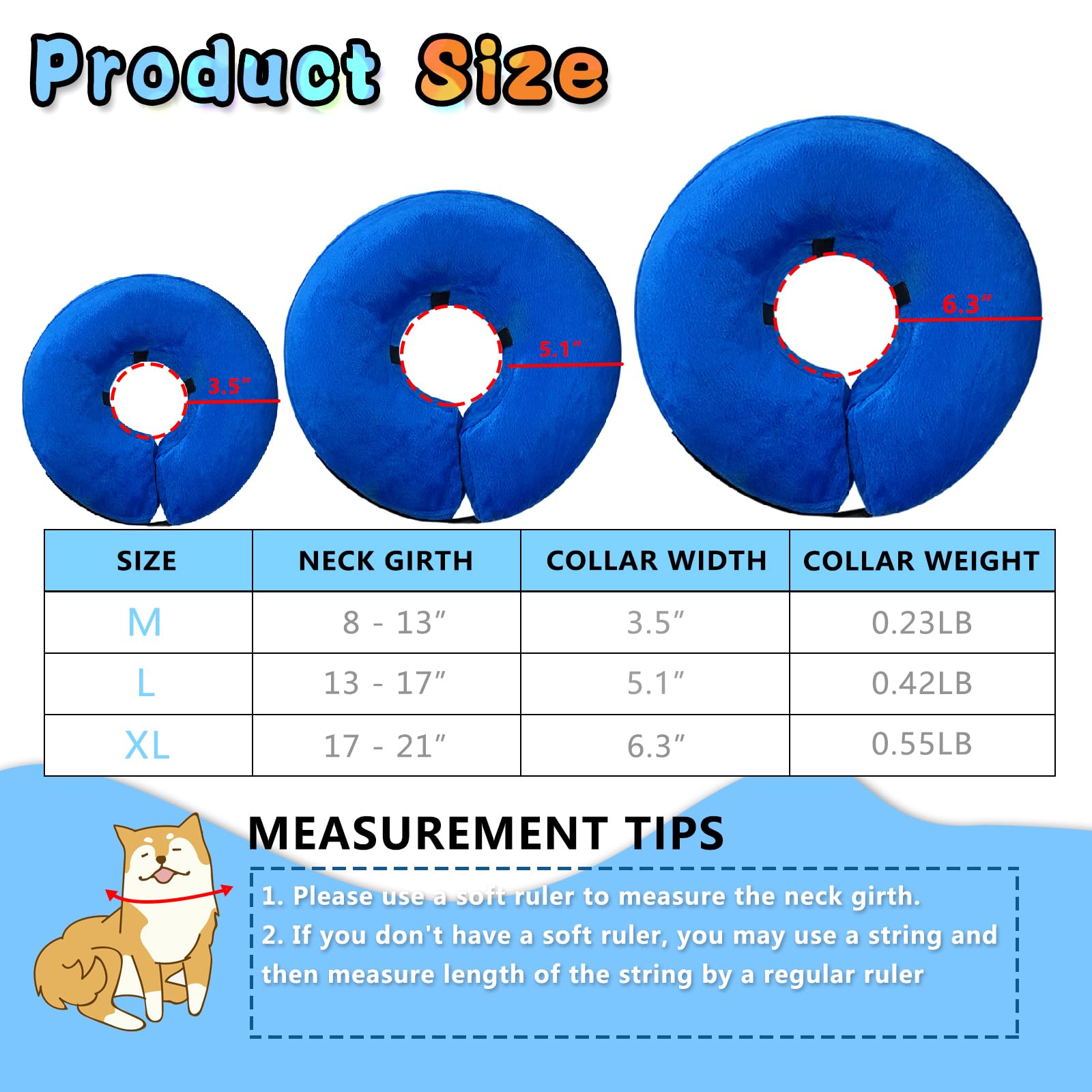 Tricess Inflatable Dog Cone Collar (L Size), Soft Blow-up Protective Recovery Dog Collar, Pet Donut Cone Collar, Comfy Elizabethan Collar After Surgery for Small Medium Dog to Prevent Biting, Blue