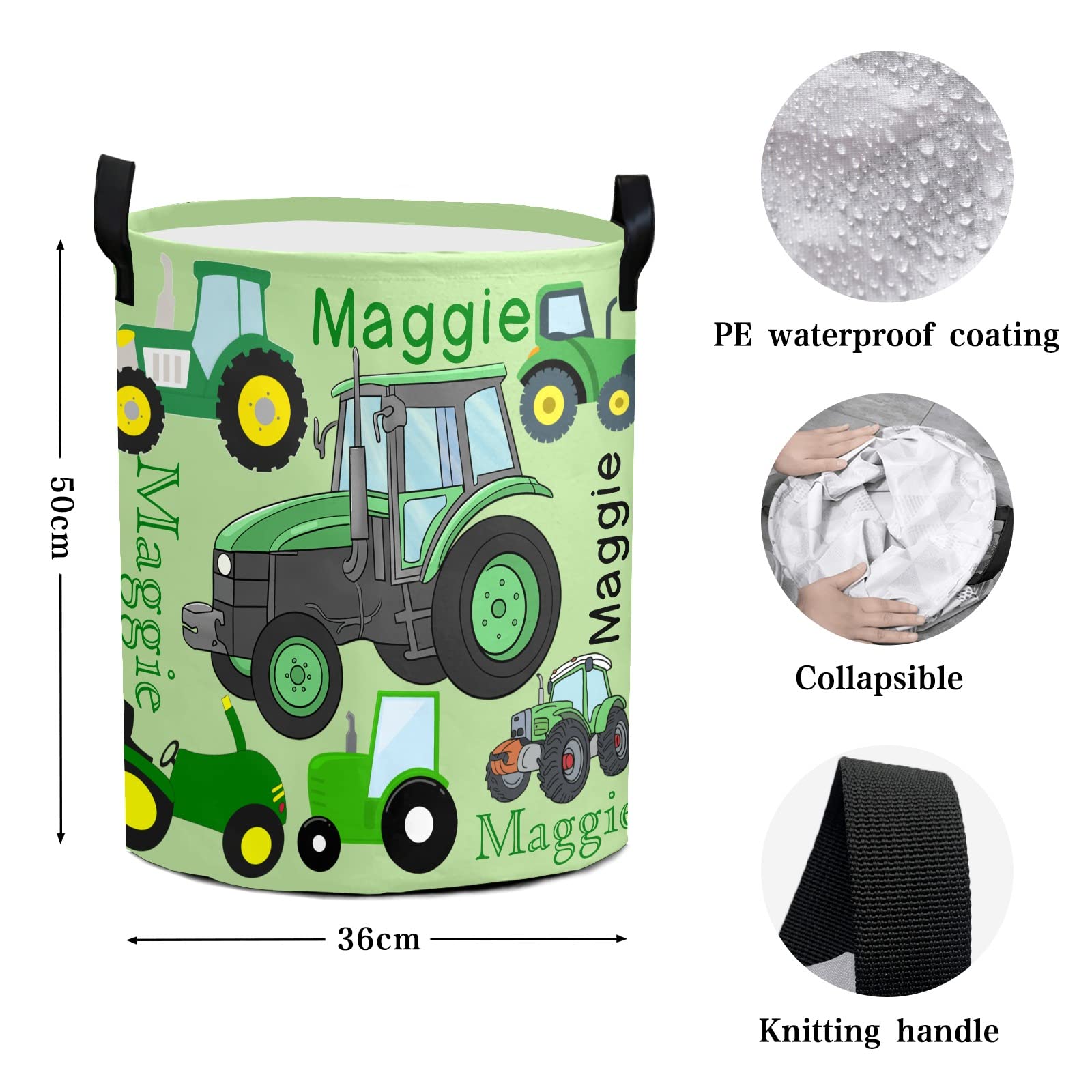 Personalized Green Tractors Trucks Laundry Basket with Name Waterproof Foldable Storage Bin for Bathroom Home Office Cloth