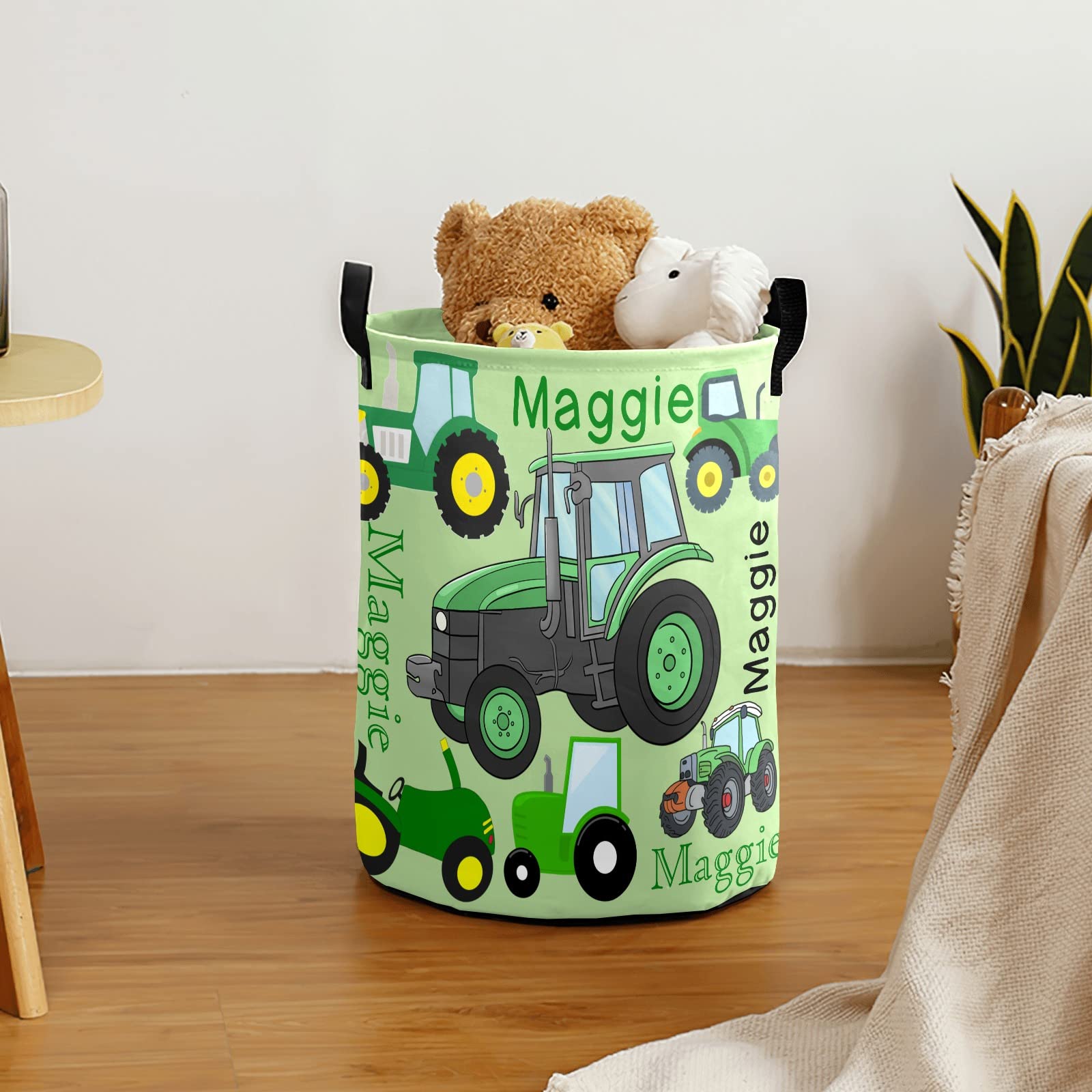 Personalized Green Tractors Trucks Laundry Basket with Name Waterproof Foldable Storage Bin for Bathroom Home Office Cloth