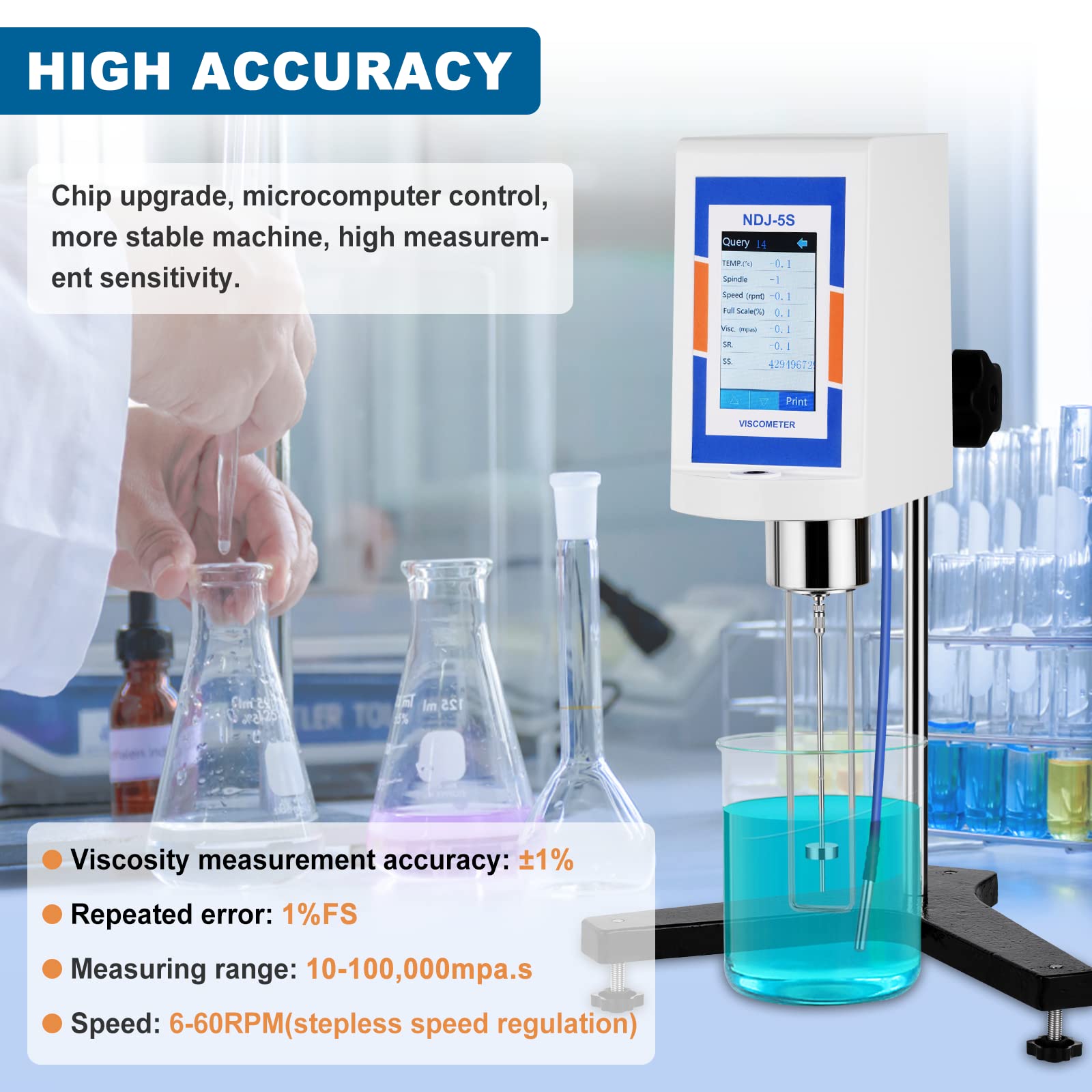 Saladulce Digital Rotational Viscometer 10-6,000,000mPa.s Viscosity Tester Meter ±1% Lab Rotary Viscometer with Data Output & Temperature Probe 110-240V (NDJ-9ST)