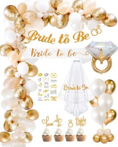 bachelorette party decorations, bridal shower decorations for engagement wedding parties, 52pcs bride to be party supplies kit with sash, veils, banner, cake toppers, temporary tattoos & gold balloons