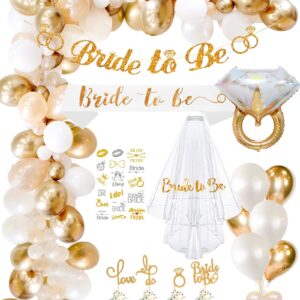 Bachelorette Party Decorations, Bridal Shower Decorations for Engagement Wedding Parties, 52pcs Bride To Be Party Supplies Kit with Sash, Veils, Banner, Cake Toppers, Temporary Tattoos & Gold Balloons