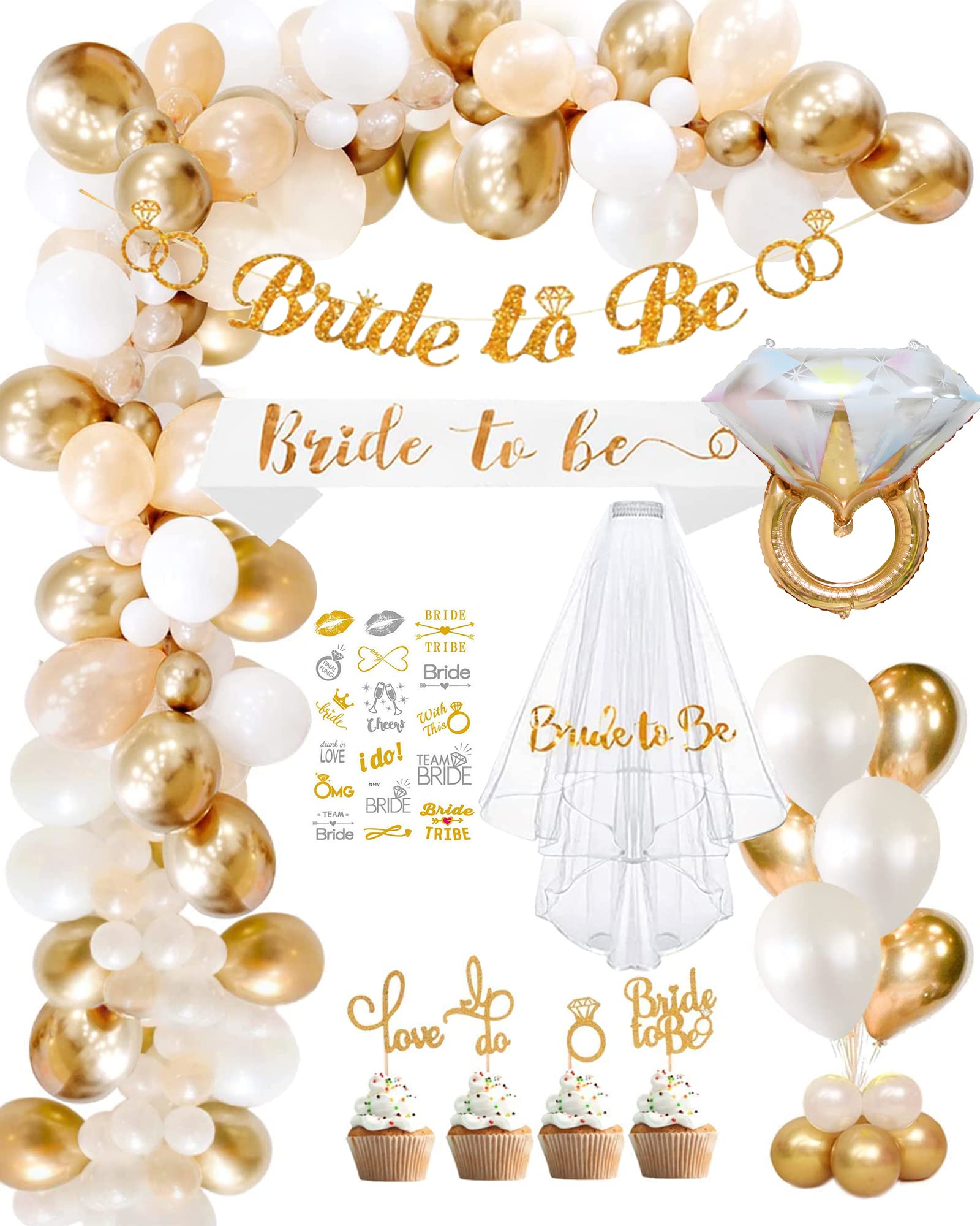 Bachelorette Party Decorations, Bridal Shower Decorations for Engagement Wedding Parties, 52pcs Bride To Be Party Supplies Kit with Sash, Veils, Banner, Cake Toppers, Temporary Tattoos & Gold Balloons