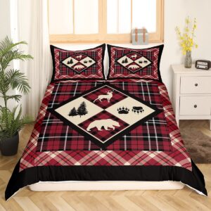 Erosebridal Lodge Duvet Cover Queen Diamond Bear Deer Lodge Bedding Set for Adult Rustic Cabin Country Plaid Check Comforter Cover Camping Bed Cover with 2 Pillow Shams Zipper&Ties,Burgundy/Black